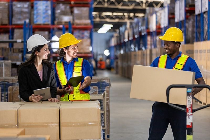 Warehouse workers lifting a box safely during manual handling training